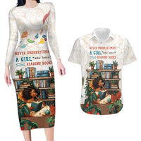 Never Underestimate A Girl Who Loves Reading Books Couples Matching Long Sleeve Bodycon Dress and Hawaiian Shirt