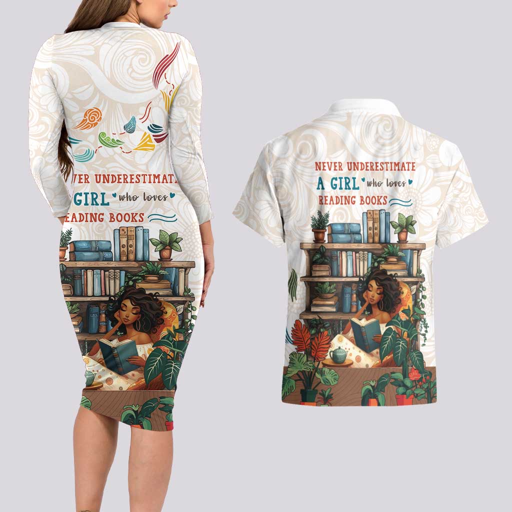 Never Underestimate A Girl Who Loves Reading Books Couples Matching Long Sleeve Bodycon Dress and Hawaiian Shirt