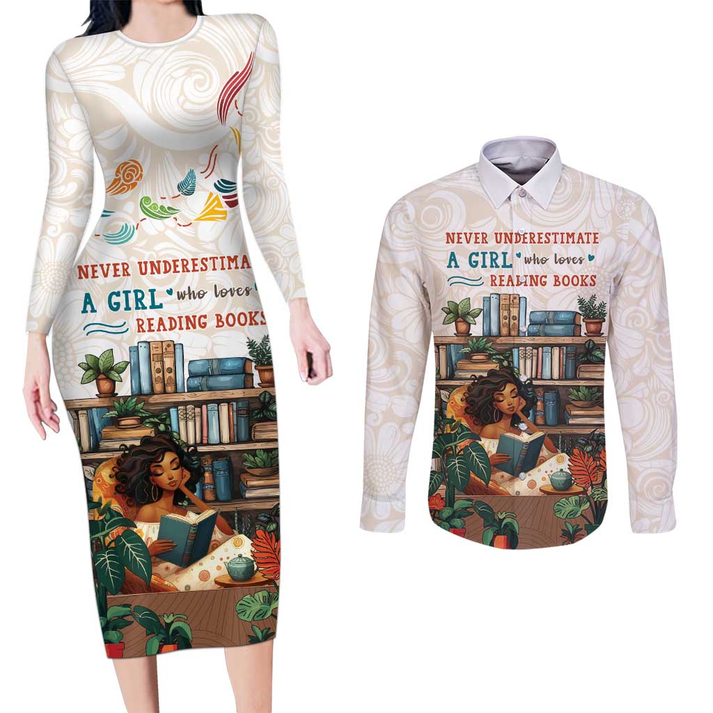 Never Underestimate A Girl Who Loves Reading Books Couples Matching Long Sleeve Bodycon Dress and Long Sleeve Button Shirt