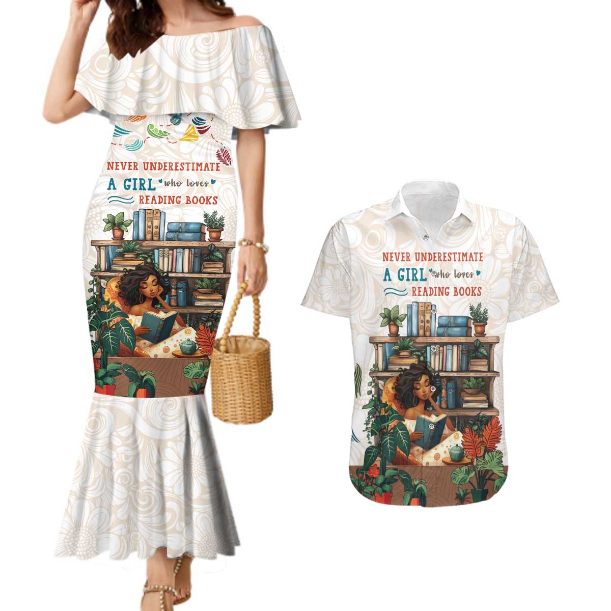 Never Underestimate A Girl Who Loves Reading Books Couples Matching Mermaid Dress and Hawaiian Shirt