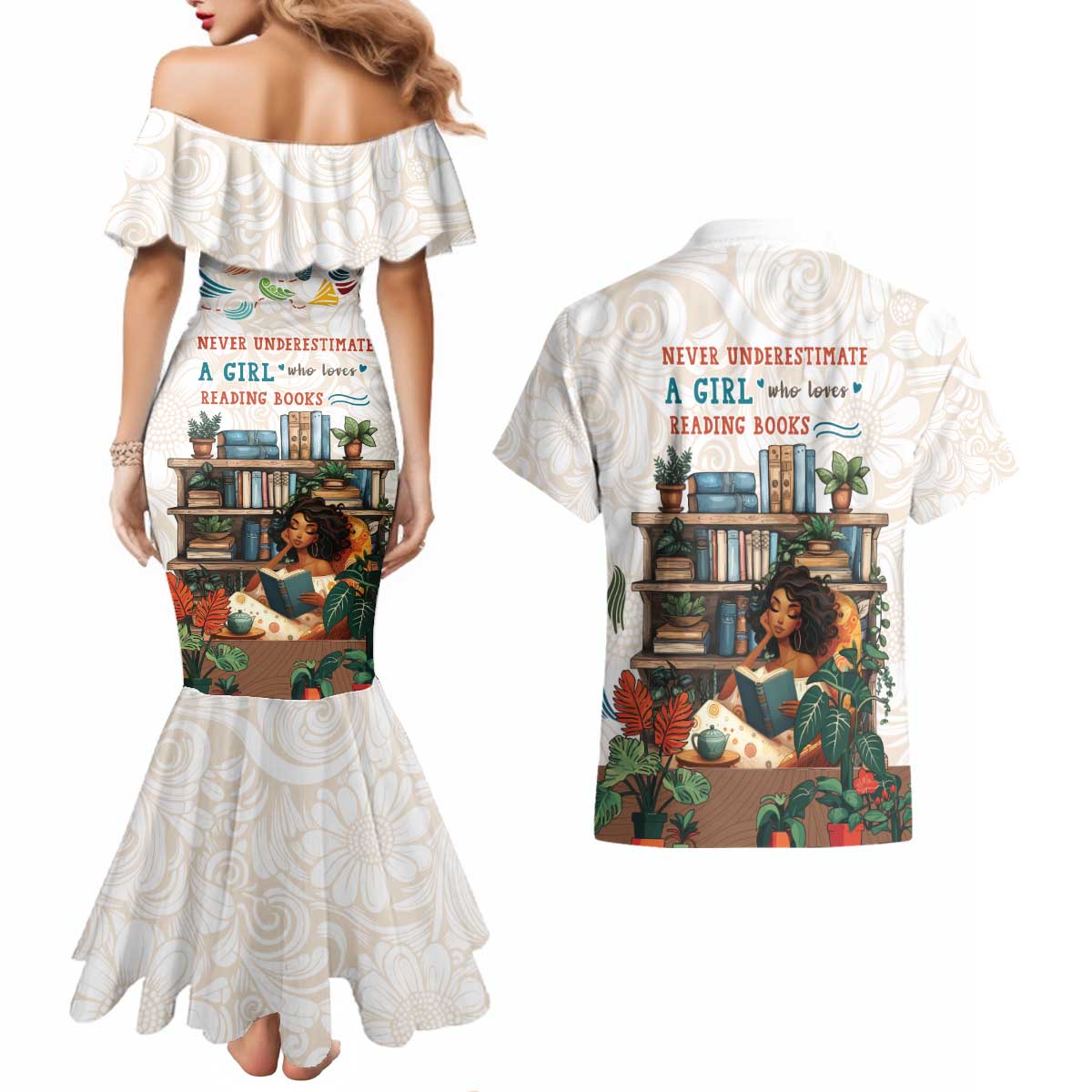 Never Underestimate A Girl Who Loves Reading Books Couples Matching Mermaid Dress and Hawaiian Shirt
