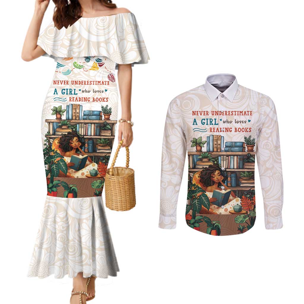 Never Underestimate A Girl Who Loves Reading Books Couples Matching Mermaid Dress and Long Sleeve Button Shirt