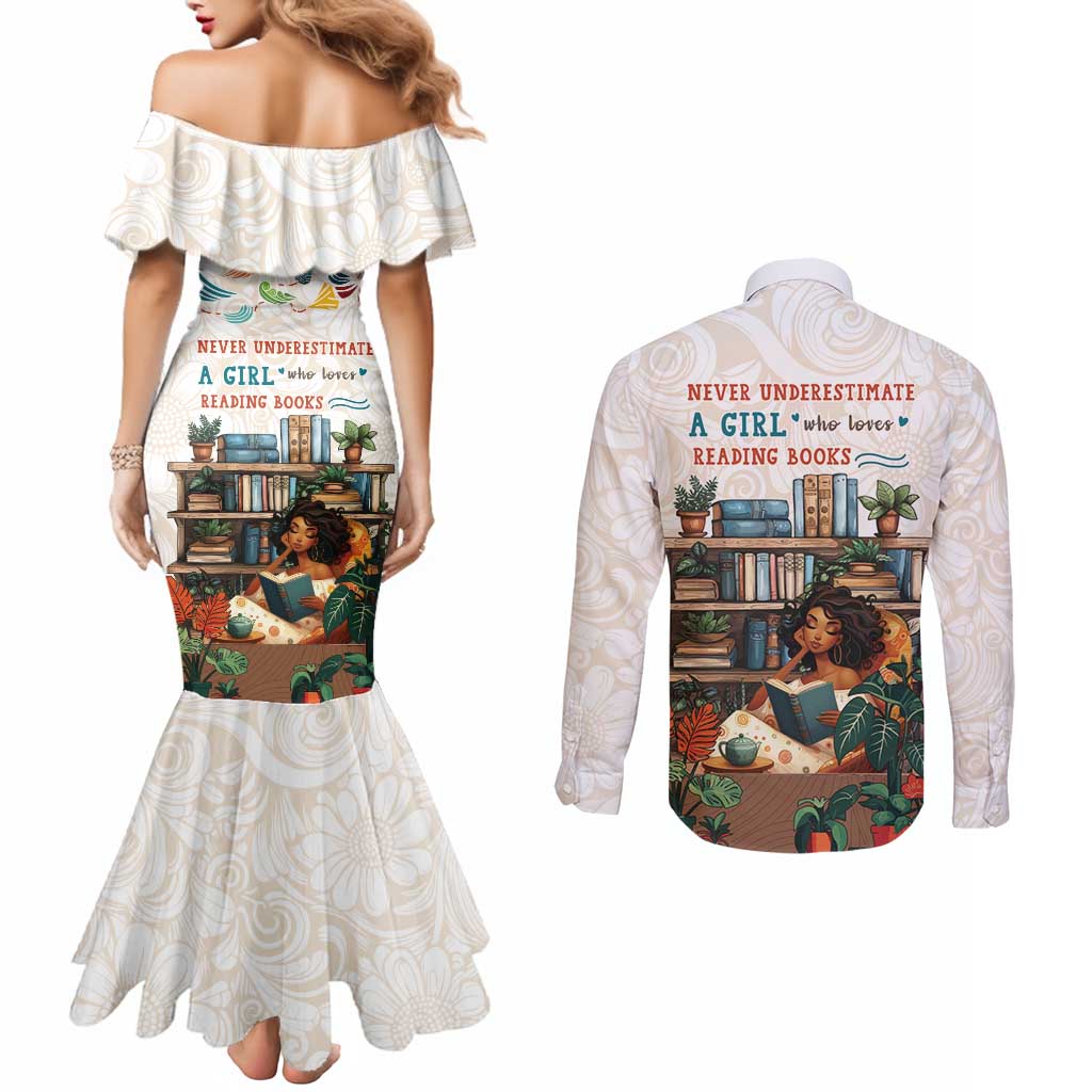 Never Underestimate A Girl Who Loves Reading Books Couples Matching Mermaid Dress and Long Sleeve Button Shirt
