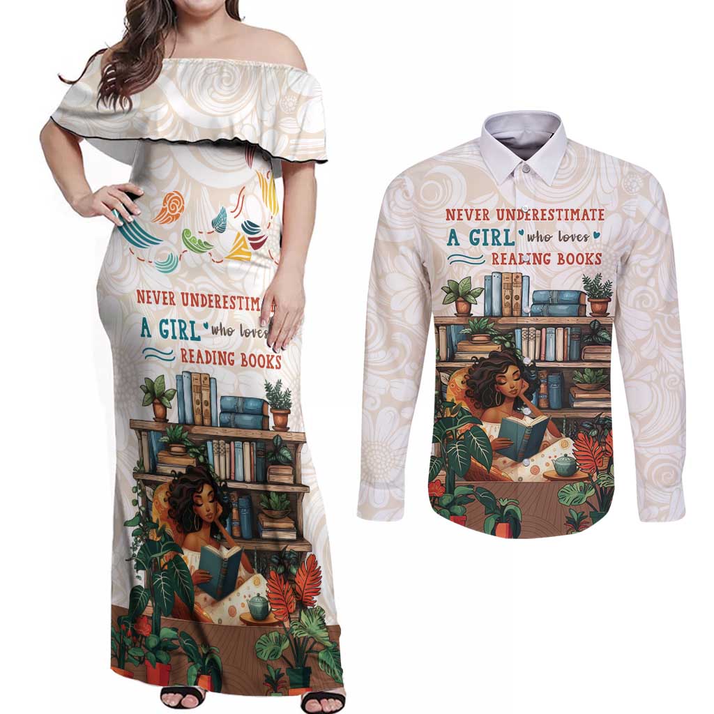 Never Underestimate A Girl Who Loves Reading Books Couples Matching Off Shoulder Maxi Dress and Long Sleeve Button Shirt