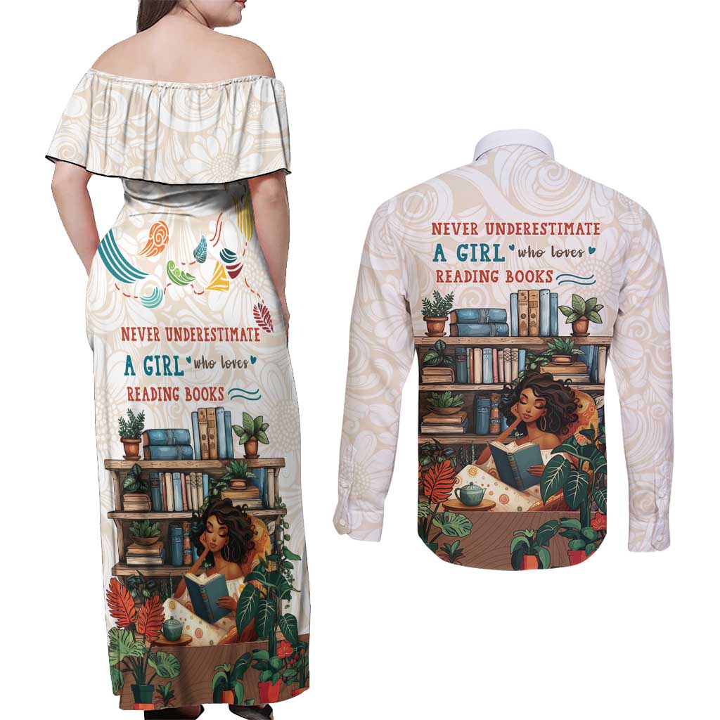 Never Underestimate A Girl Who Loves Reading Books Couples Matching Off Shoulder Maxi Dress and Long Sleeve Button Shirt