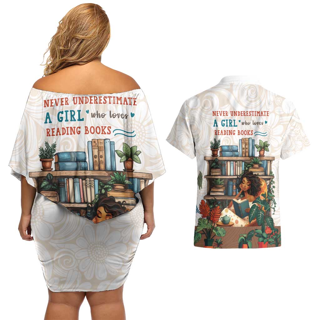 Never Underestimate A Girl Who Loves Reading Books Couples Matching Off Shoulder Short Dress and Hawaiian Shirt