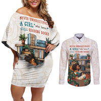Never Underestimate A Girl Who Loves Reading Books Couples Matching Off Shoulder Short Dress and Long Sleeve Button Shirt