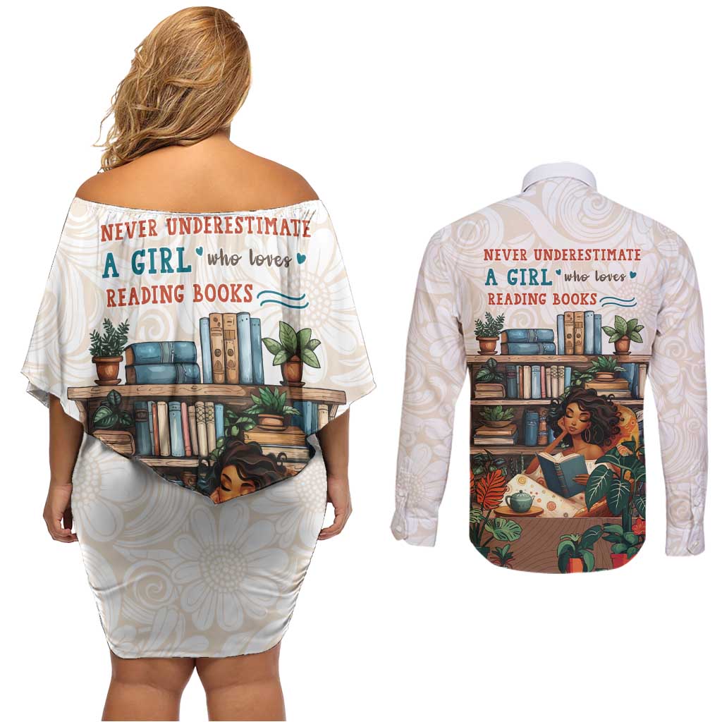 Never Underestimate A Girl Who Loves Reading Books Couples Matching Off Shoulder Short Dress and Long Sleeve Button Shirt