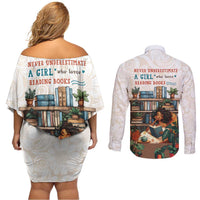 Never Underestimate A Girl Who Loves Reading Books Couples Matching Off Shoulder Short Dress and Long Sleeve Button Shirt