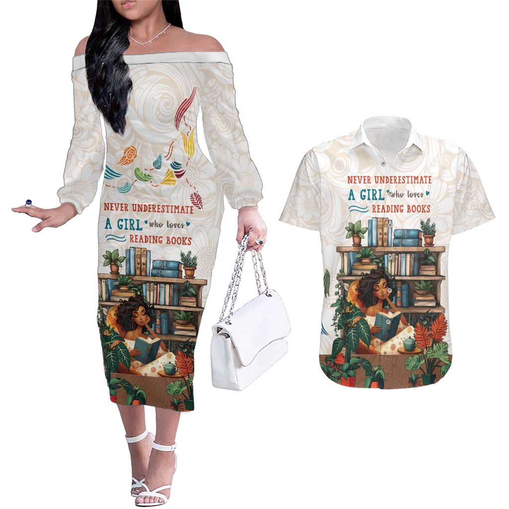 Never Underestimate A Girl Who Loves Reading Books Couples Matching Off The Shoulder Long Sleeve Dress and Hawaiian Shirt
