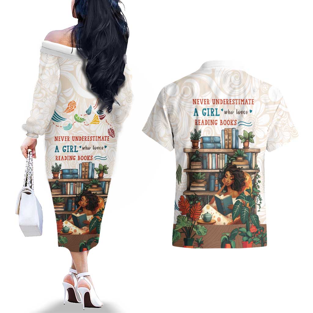 Never Underestimate A Girl Who Loves Reading Books Couples Matching Off The Shoulder Long Sleeve Dress and Hawaiian Shirt