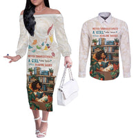 Never Underestimate A Girl Who Loves Reading Books Couples Matching Off The Shoulder Long Sleeve Dress and Long Sleeve Button Shirt