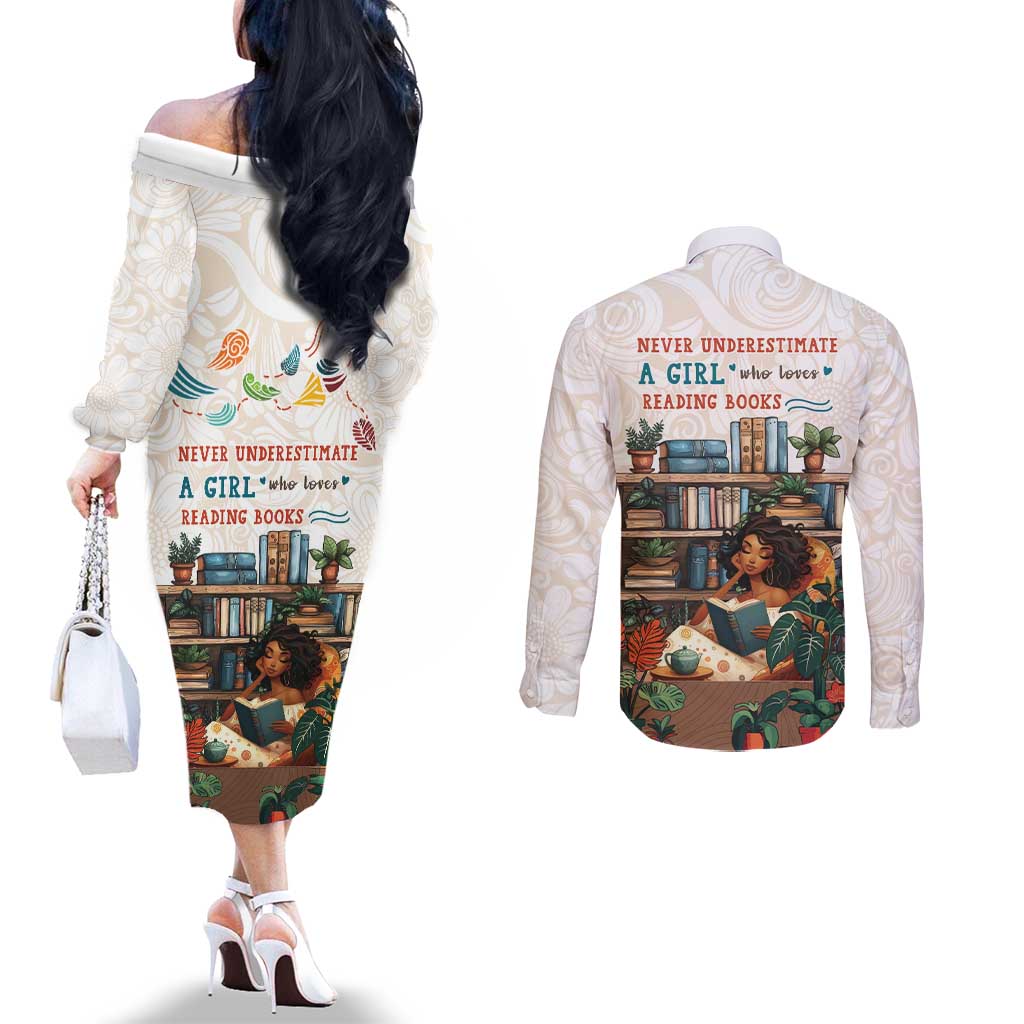 Never Underestimate A Girl Who Loves Reading Books Couples Matching Off The Shoulder Long Sleeve Dress and Long Sleeve Button Shirt