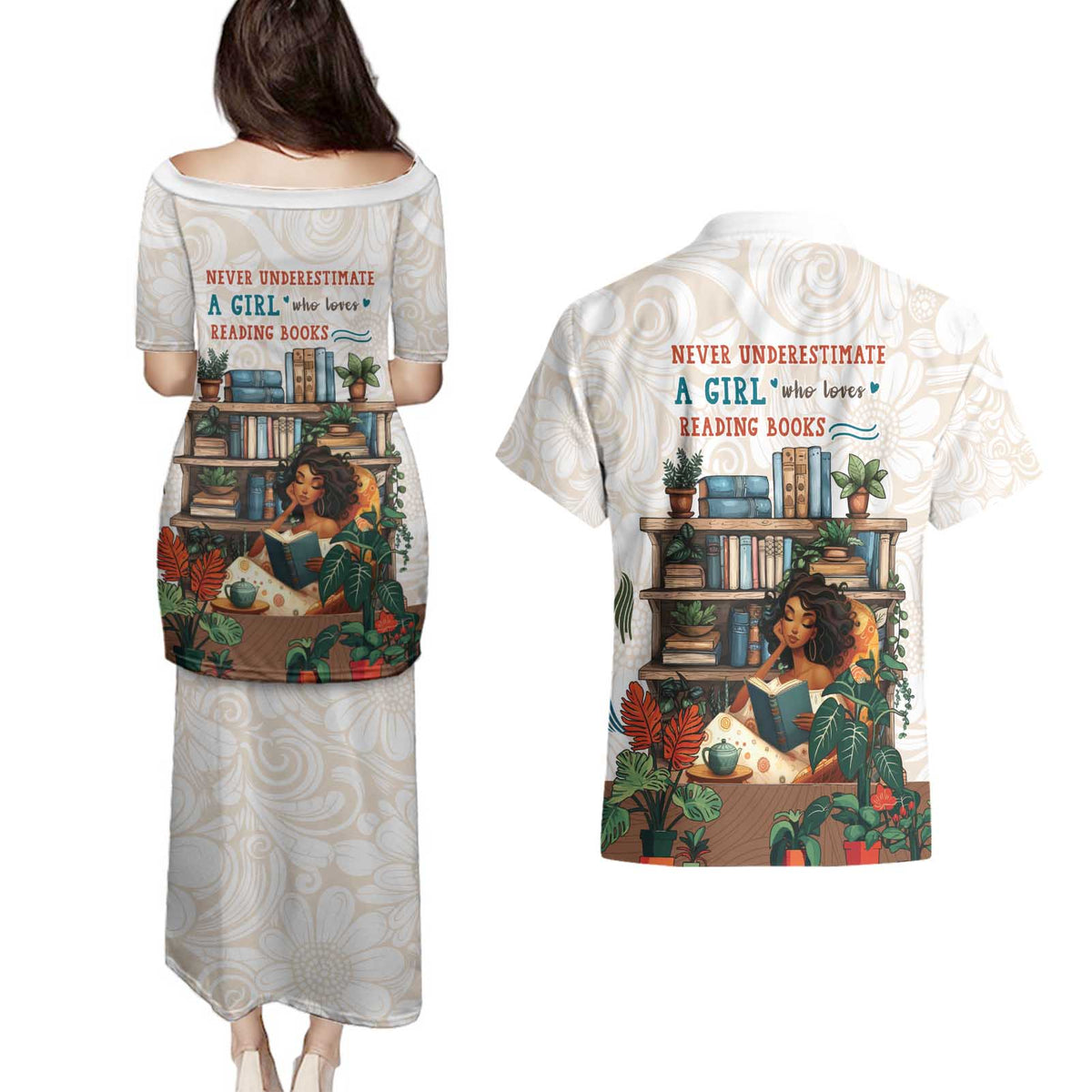 Never Underestimate A Girl Who Loves Reading Books Couples Matching Puletasi and Hawaiian Shirt