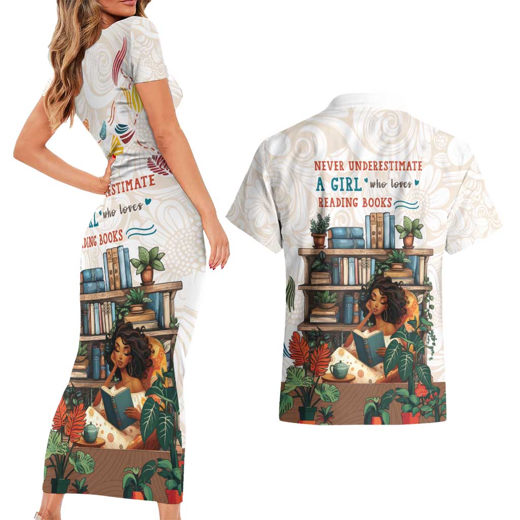 Never Underestimate A Girl Who Loves Reading Books Couples Matching Short Sleeve Bodycon Dress and Hawaiian Shirt