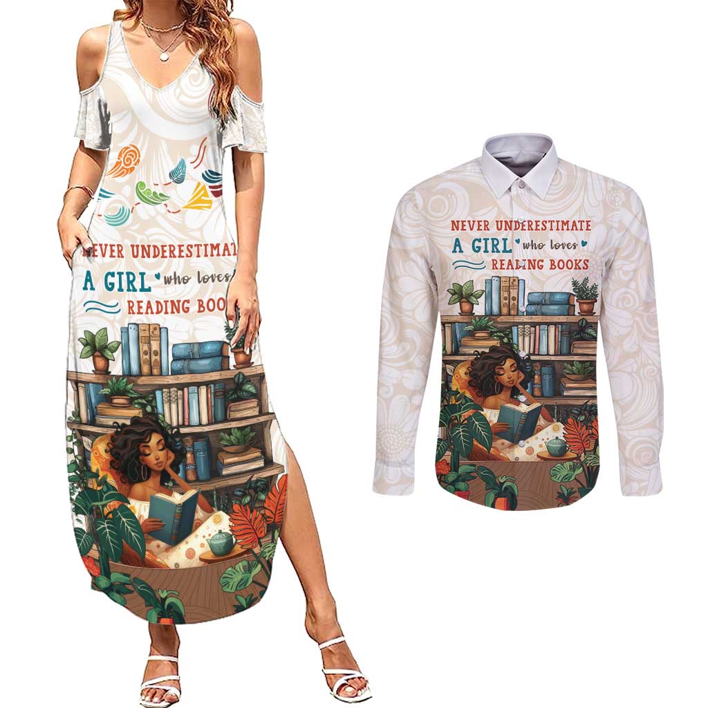Never Underestimate A Girl Who Loves Reading Books Couples Matching Summer Maxi Dress and Long Sleeve Button Shirt