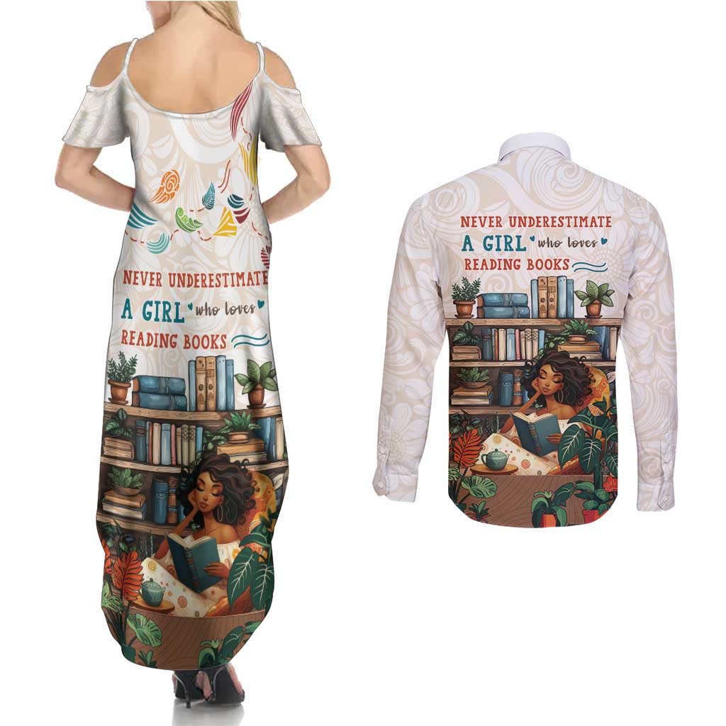 Never Underestimate A Girl Who Loves Reading Books Couples Matching Summer Maxi Dress and Long Sleeve Button Shirt
