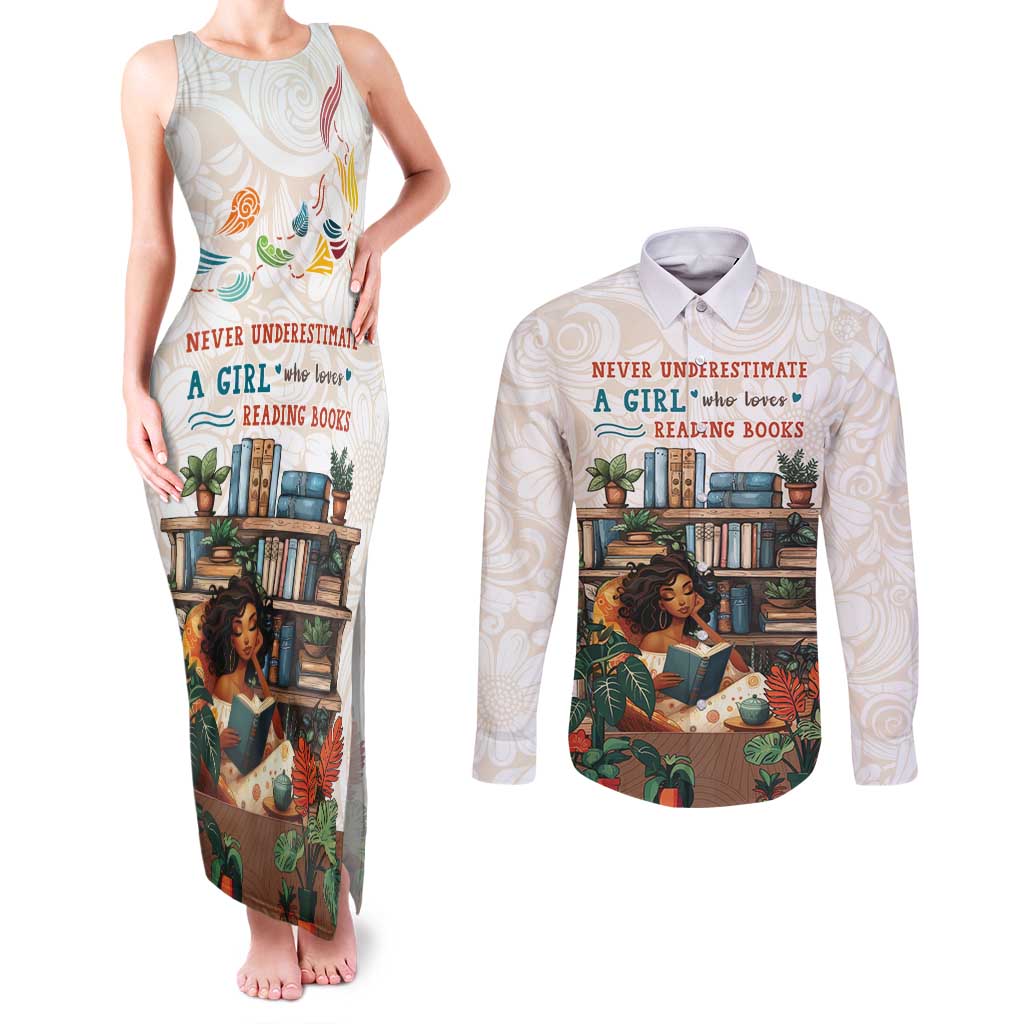 Never Underestimate A Girl Who Loves Reading Books Couples Matching Tank Maxi Dress and Long Sleeve Button Shirt