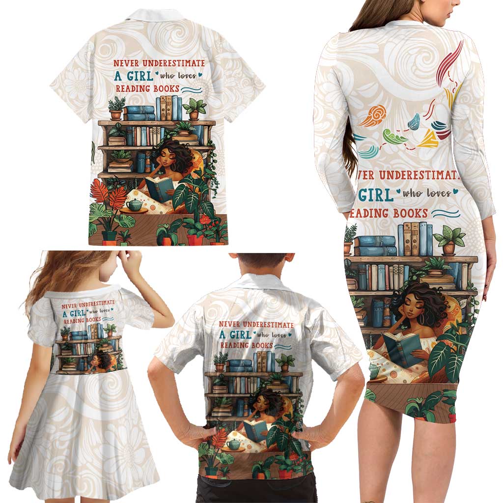 Never Underestimate A Girl Who Loves Reading Books Family Matching Long Sleeve Bodycon Dress and Hawaiian Shirt