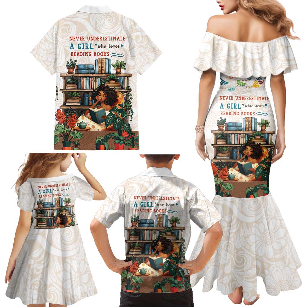 Never Underestimate A Girl Who Loves Reading Books Family Matching Mermaid Dress and Hawaiian Shirt