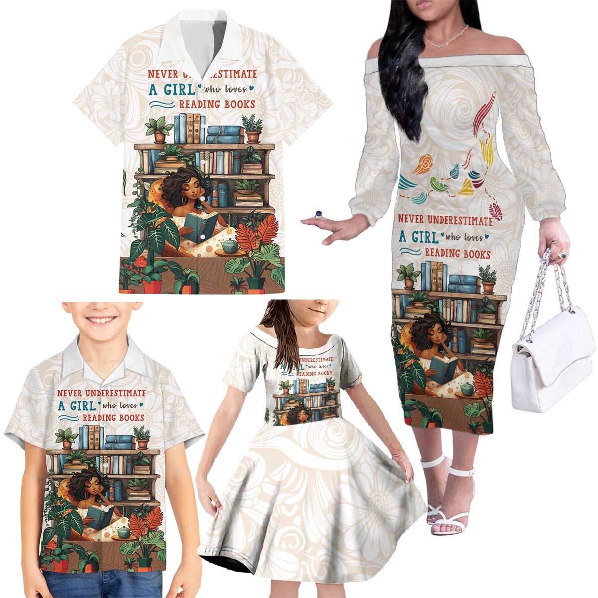 Never Underestimate A Girl Who Loves Reading Books Family Matching Off The Shoulder Long Sleeve Dress and Hawaiian Shirt