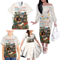 Never Underestimate A Girl Who Loves Reading Books Family Matching Off The Shoulder Long Sleeve Dress and Hawaiian Shirt