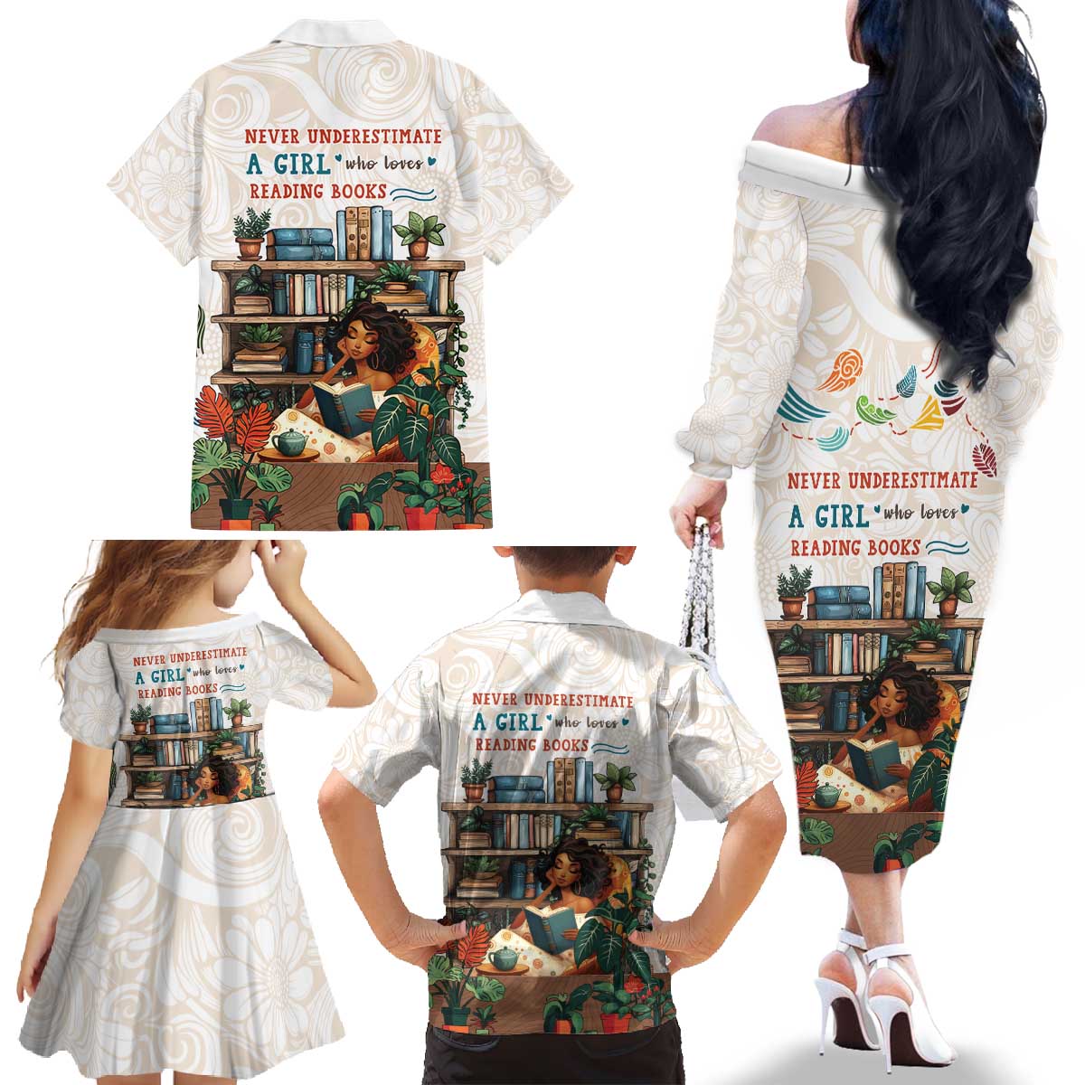 Never Underestimate A Girl Who Loves Reading Books Family Matching Off The Shoulder Long Sleeve Dress and Hawaiian Shirt