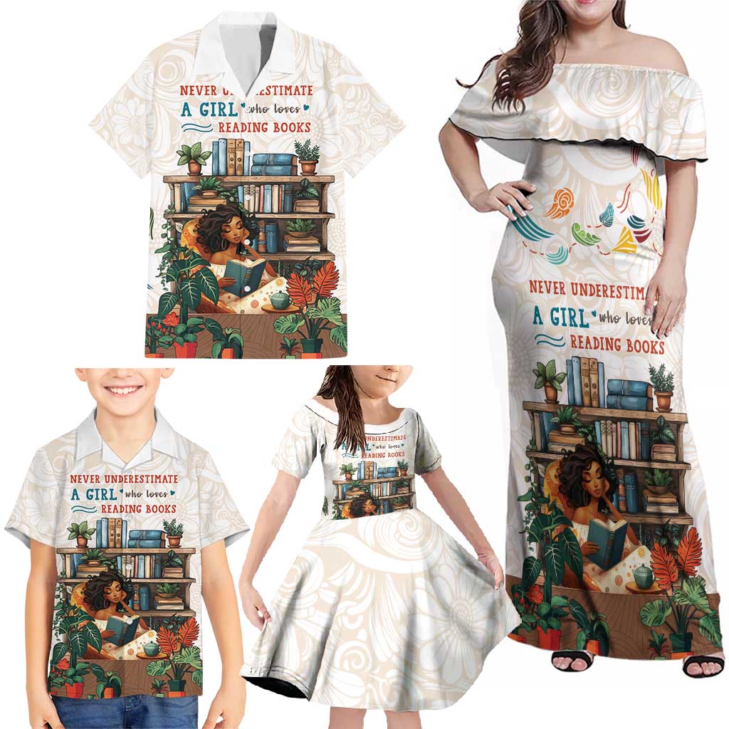 Never Underestimate A Girl Who Loves Reading Books Family Matching Off Shoulder Maxi Dress and Hawaiian Shirt