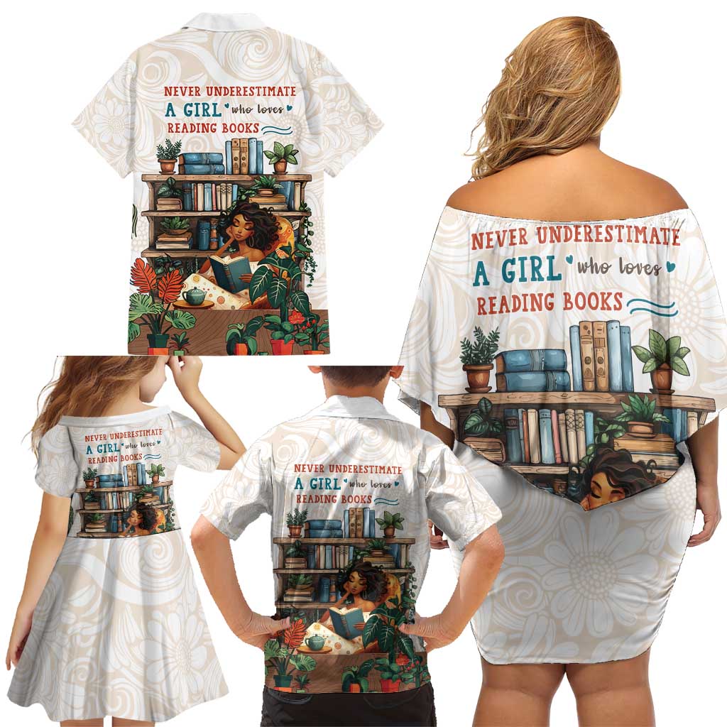 Never Underestimate A Girl Who Loves Reading Books Family Matching Off Shoulder Short Dress and Hawaiian Shirt
