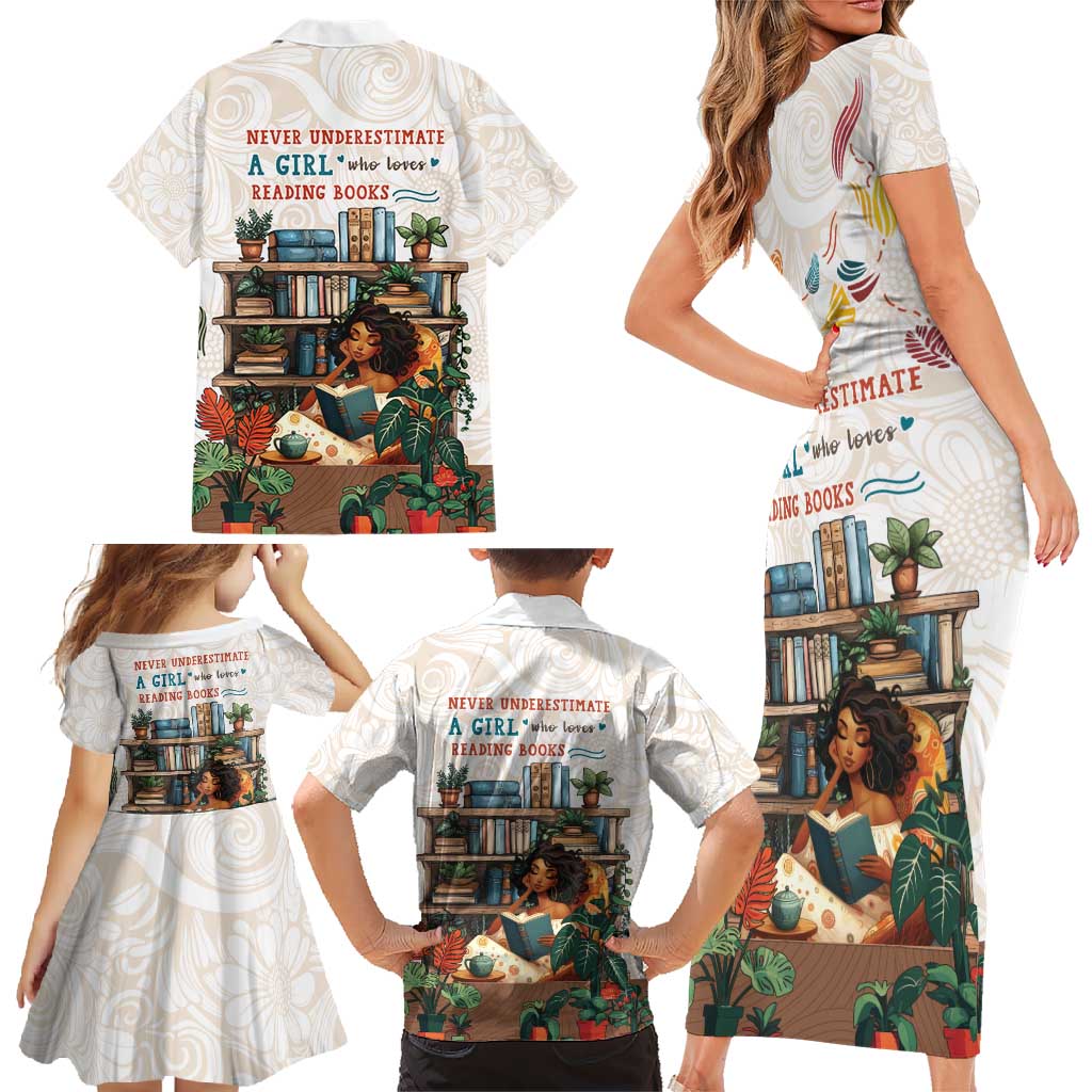 Never Underestimate A Girl Who Loves Reading Books Family Matching Short Sleeve Bodycon Dress and Hawaiian Shirt
