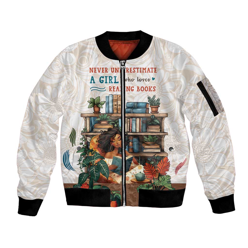 Never Underestimate A Girl Who Loves Reading Books Sleeve Zip Bomber Jacket
