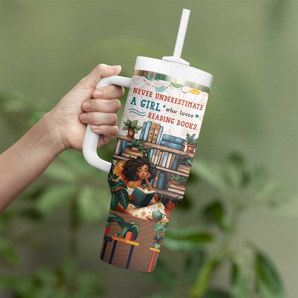 Never Underestimate A Girl Who Loves Reading Books Tumbler With Handle