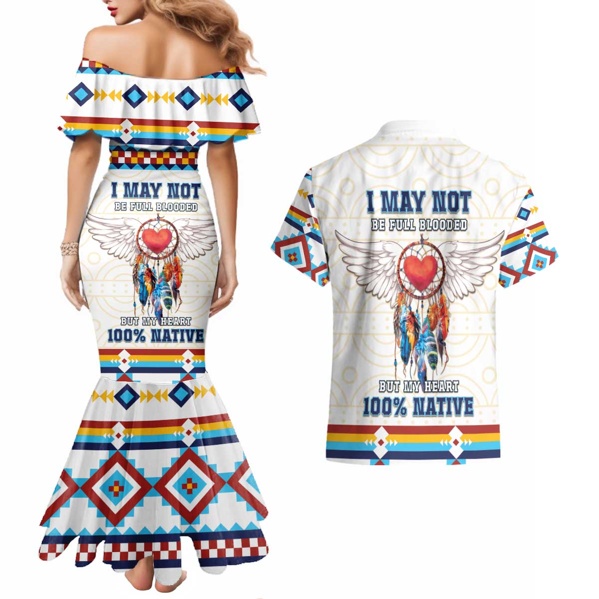 Native American Love Couples Matching Mermaid Dress and Hawaiian Shirt Dream Catcher With Angel Wings