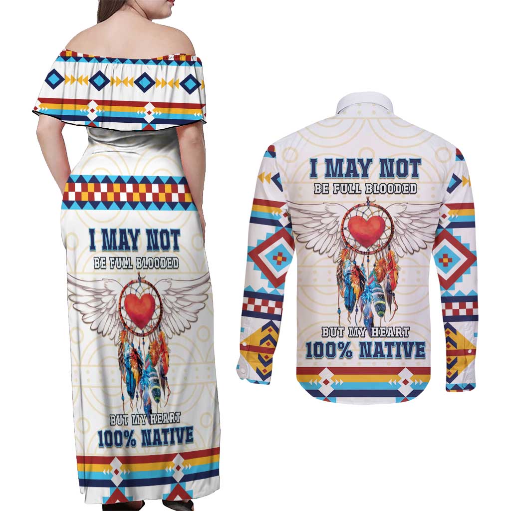 Native American Love Couples Matching Off Shoulder Maxi Dress and Long Sleeve Button Shirt Dream Catcher With Angel Wings