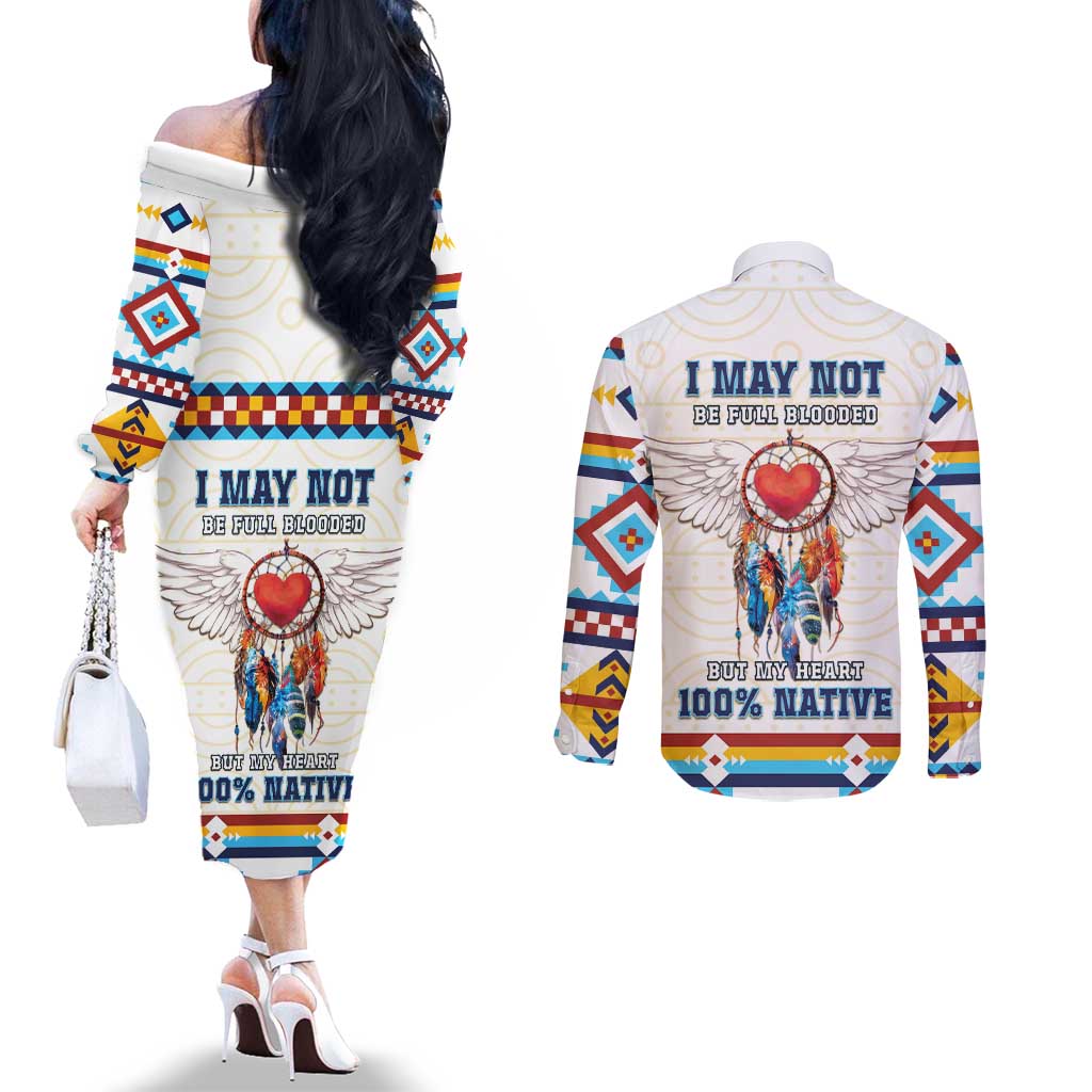 Native American Love Couples Matching Off The Shoulder Long Sleeve Dress and Long Sleeve Button Shirt Dream Catcher With Angel Wings