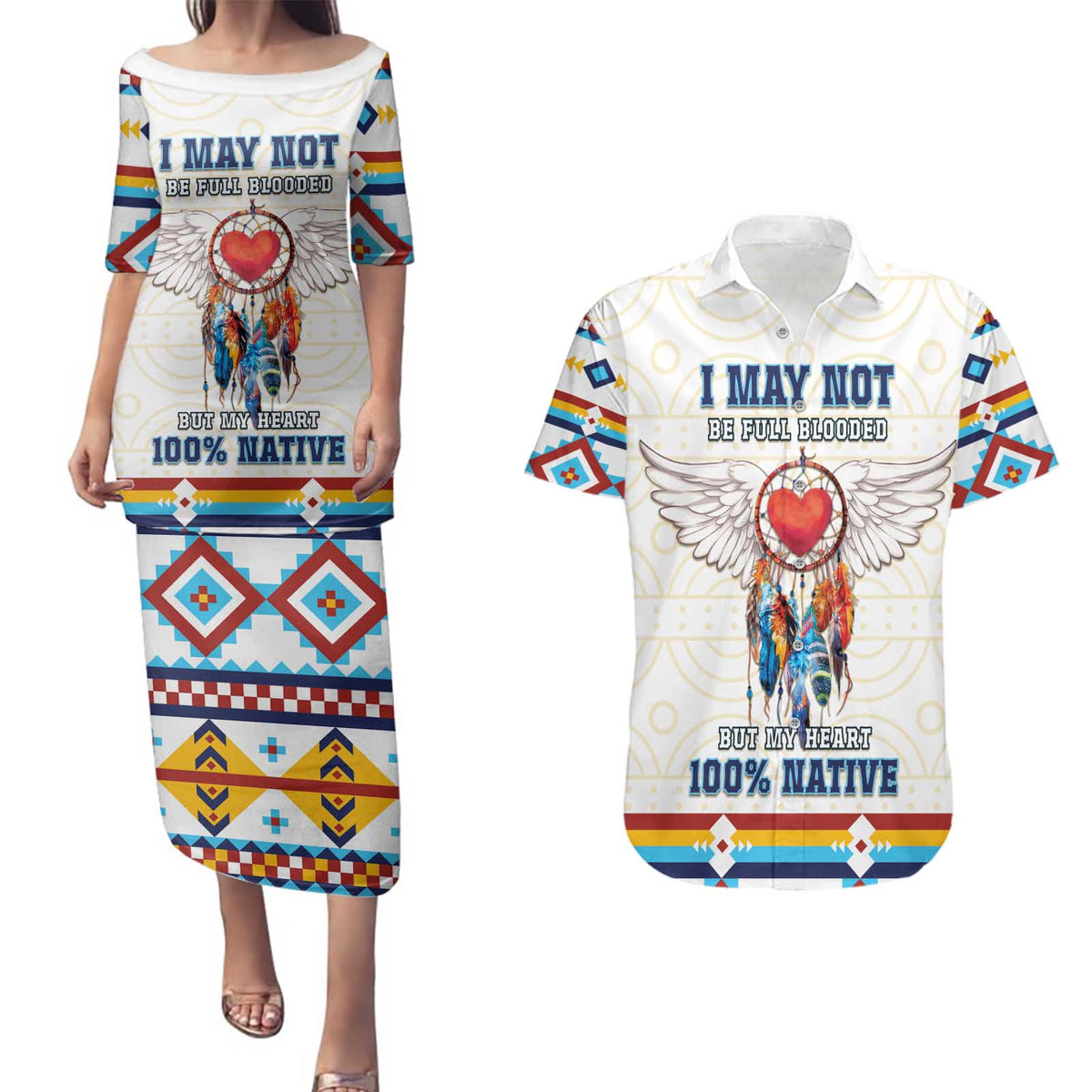 Native American Love Couples Matching Puletasi and Hawaiian Shirt Dream Catcher With Angel Wings