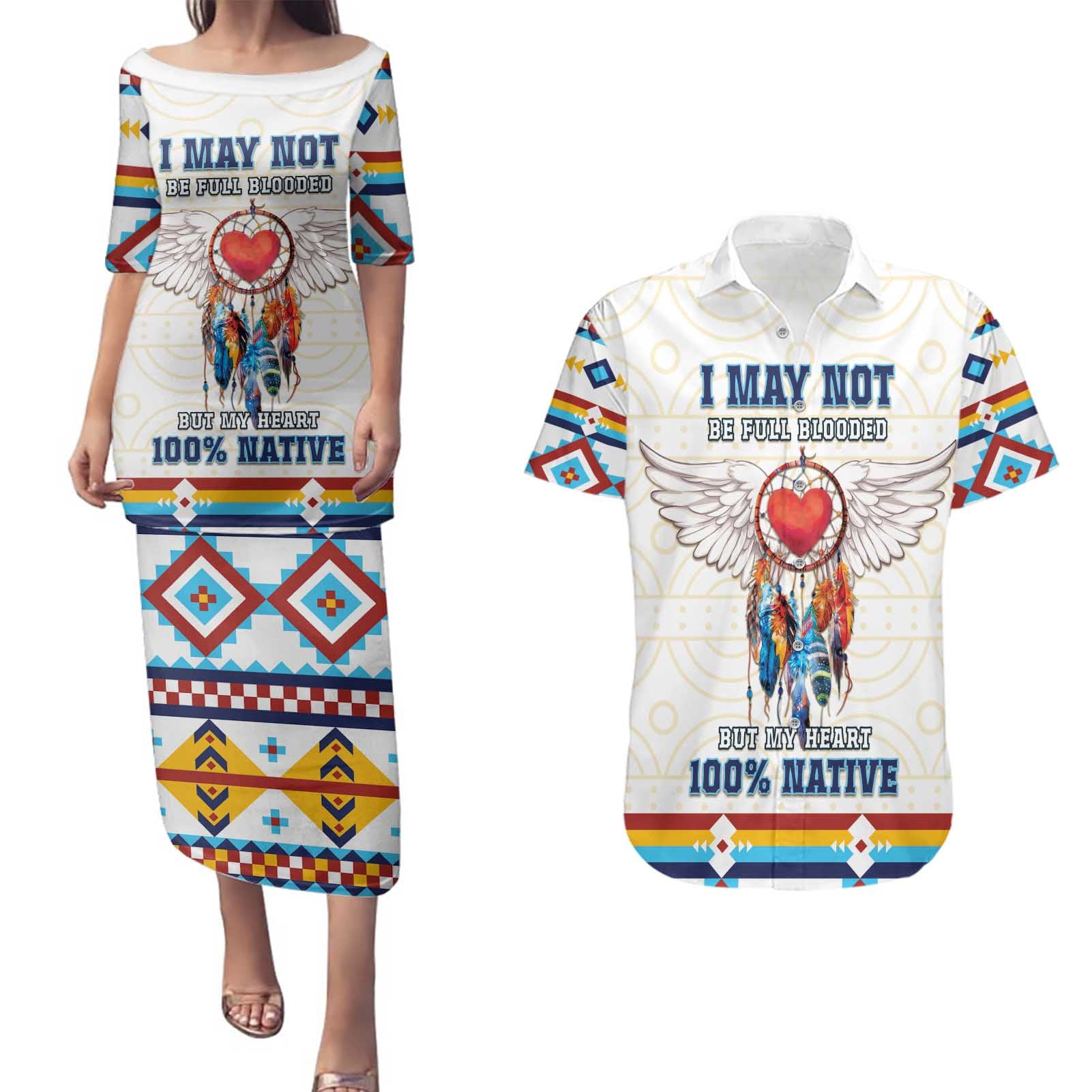 Native American Love Couples Matching Puletasi and Hawaiian Shirt Dream Catcher With Angel Wings