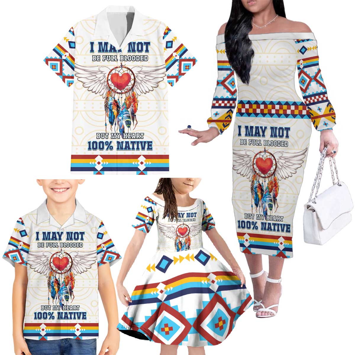 Native American Love Family Matching Off The Shoulder Long Sleeve Dress and Hawaiian Shirt Dream Catcher With Angel Wings