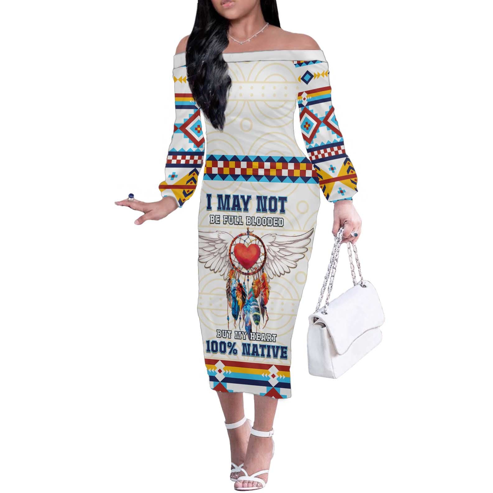 Native American Love Off The Shoulder Long Sleeve Dress Dream Catcher With Angel Wings