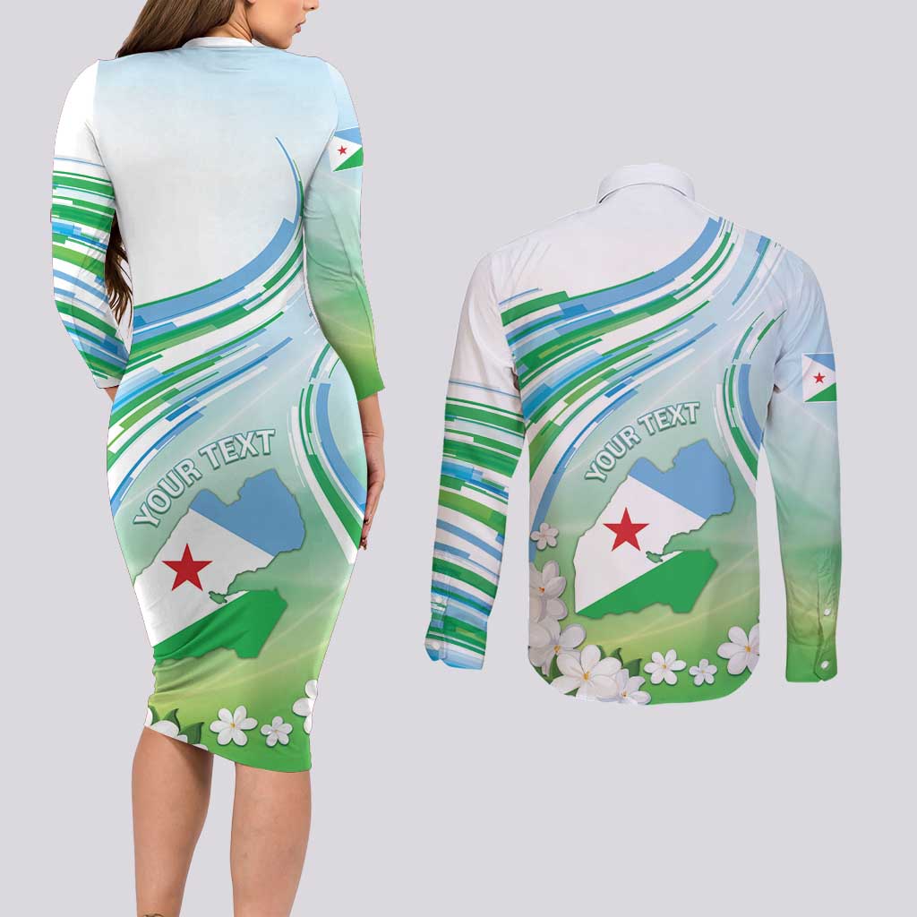 Personalised Djibouti Couples Matching Long Sleeve Bodycon Dress and Long Sleeve Button Shirt Jabuuti Emblem With Jasmine