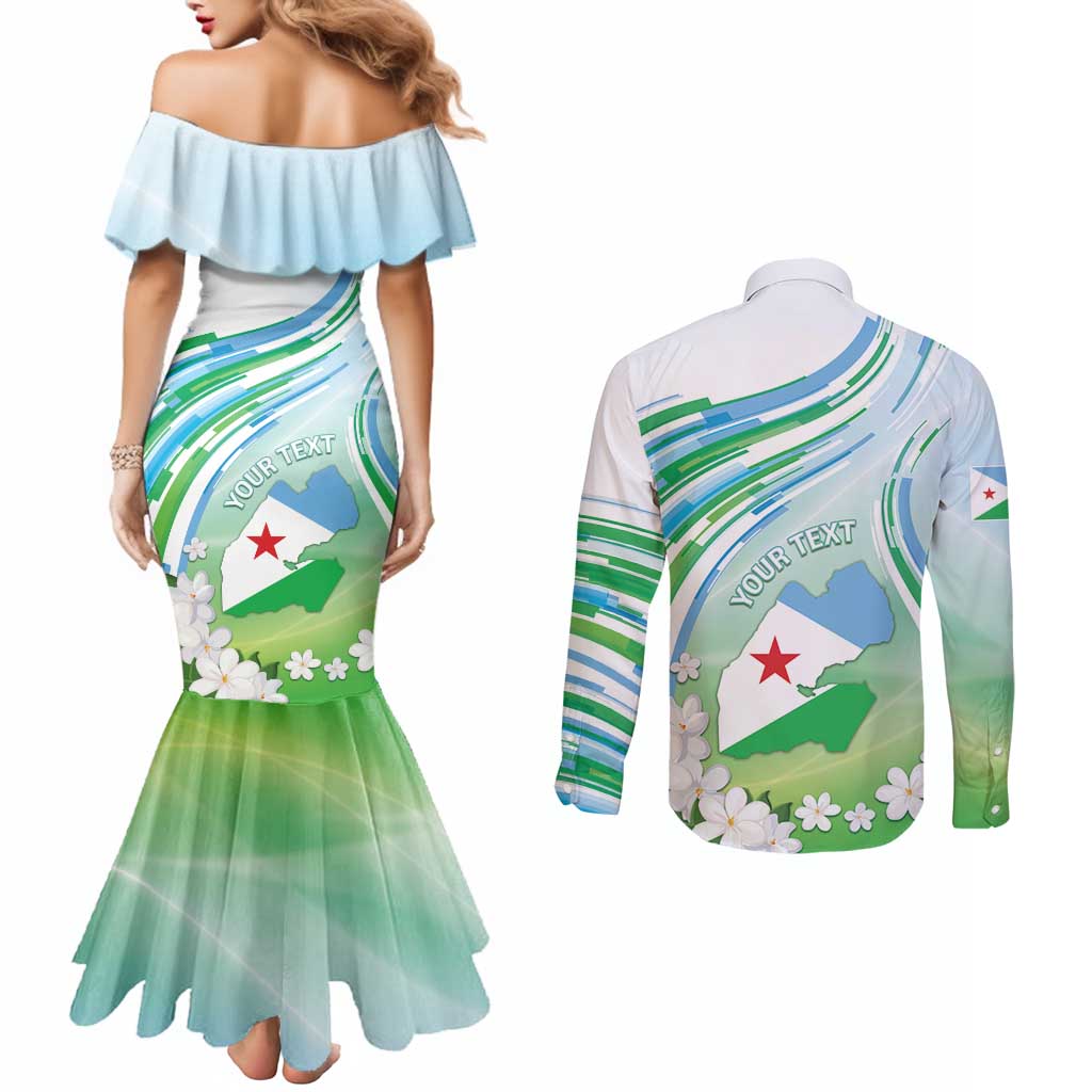 Personalised Djibouti Couples Matching Mermaid Dress and Long Sleeve Button Shirt Jabuuti Emblem With Jasmine