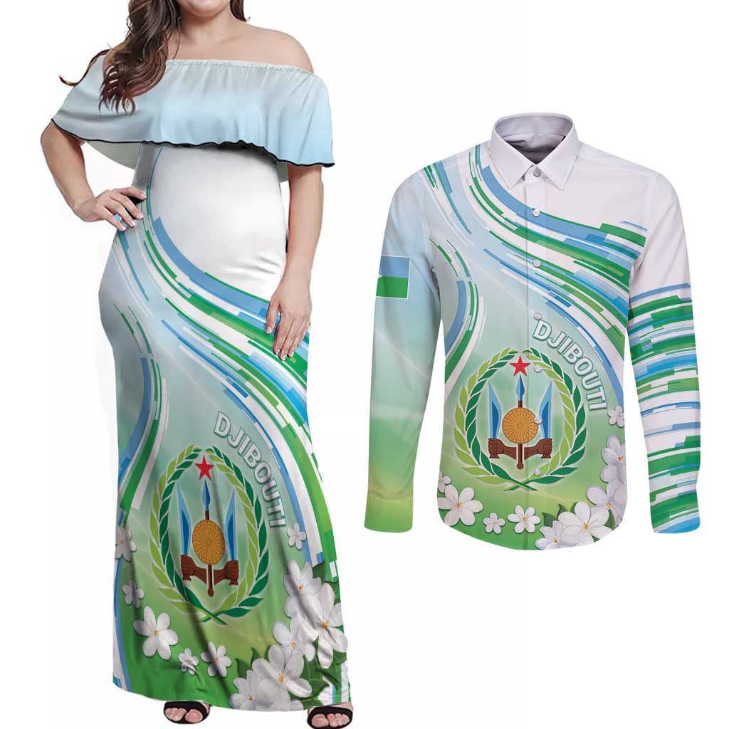 Personalised Djibouti Couples Matching Off Shoulder Maxi Dress and Long Sleeve Button Shirt Jabuuti Emblem With Jasmine