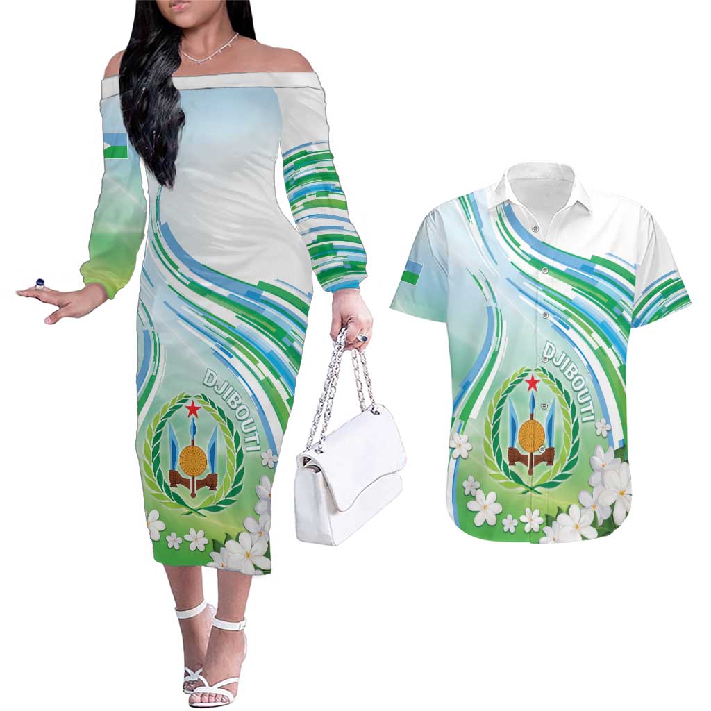 Personalised Djibouti Couples Matching Off The Shoulder Long Sleeve Dress and Hawaiian Shirt Jabuuti Emblem With Jasmine