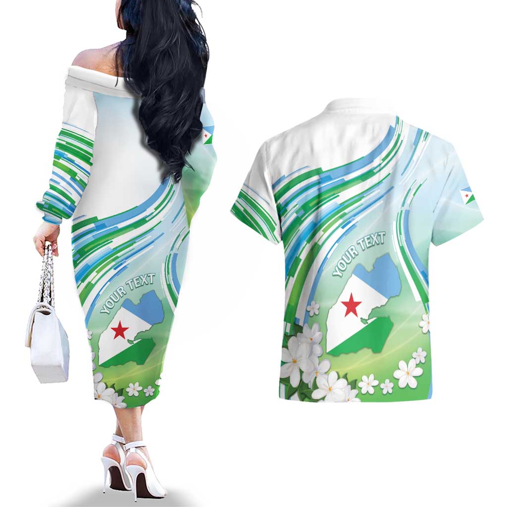 Personalised Djibouti Couples Matching Off The Shoulder Long Sleeve Dress and Hawaiian Shirt Jabuuti Emblem With Jasmine