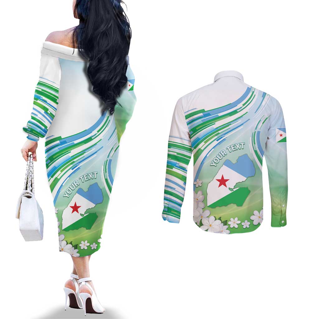 Personalised Djibouti Couples Matching Off The Shoulder Long Sleeve Dress and Long Sleeve Button Shirt Jabuuti Emblem With Jasmine