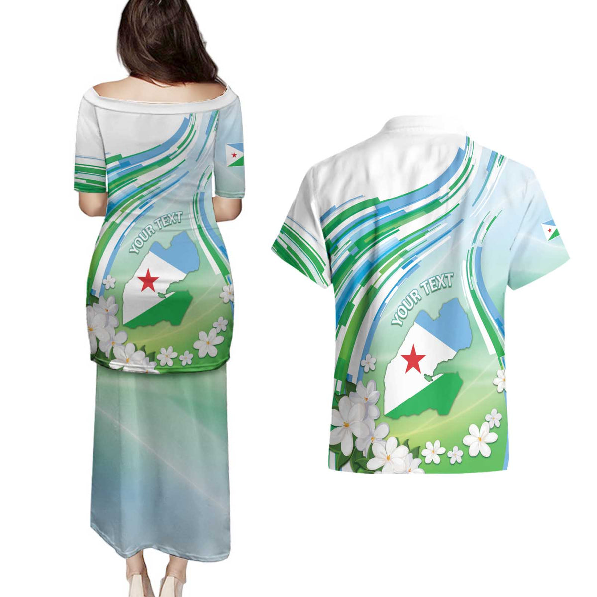 Personalised Djibouti Couples Matching Puletasi and Hawaiian Shirt Jabuuti Emblem With Jasmine