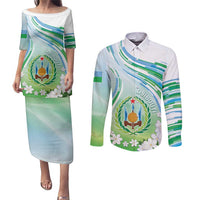 Personalised Djibouti Couples Matching Puletasi and Long Sleeve Button Shirt Jabuuti Emblem With Jasmine