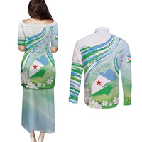 Personalised Djibouti Couples Matching Puletasi and Long Sleeve Button Shirt Jabuuti Emblem With Jasmine