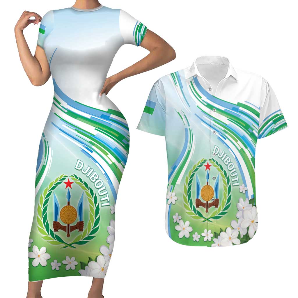 Personalised Djibouti Couples Matching Short Sleeve Bodycon Dress and Hawaiian Shirt Jabuuti Emblem With Jasmine