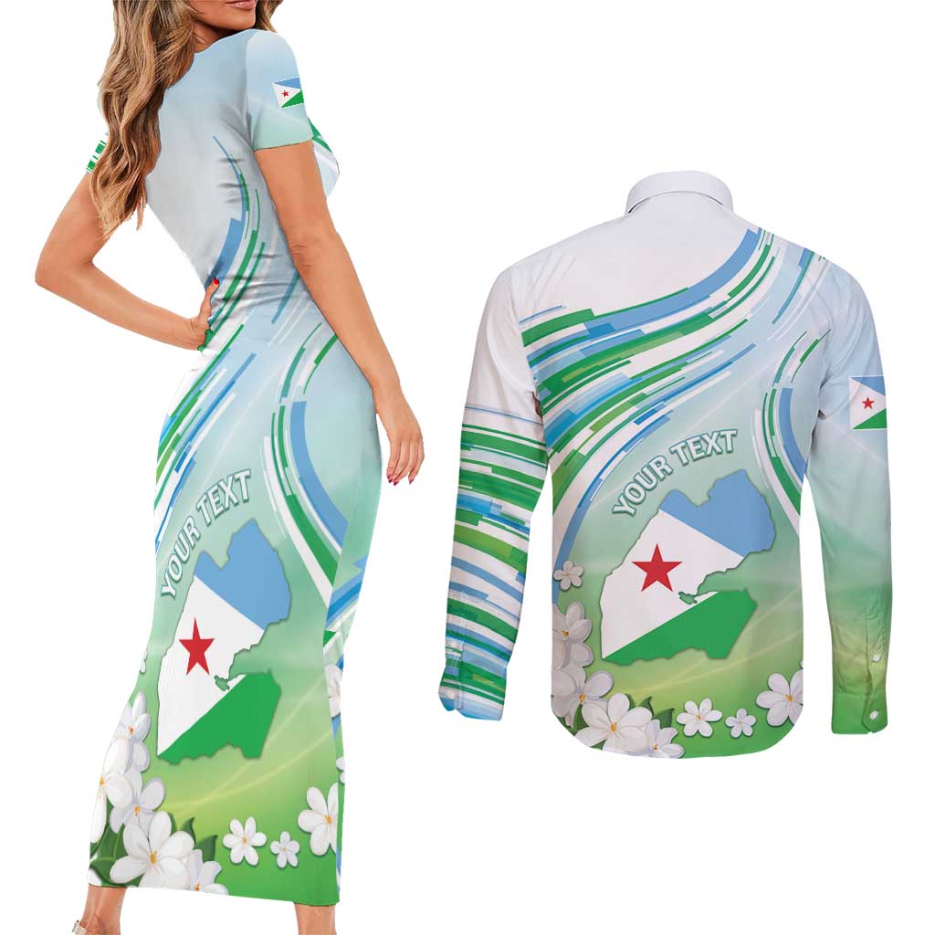 Personalised Djibouti Couples Matching Short Sleeve Bodycon Dress and Long Sleeve Button Shirt Jabuuti Emblem With Jasmine